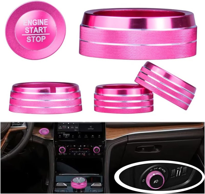 HDUFC for Jeep 2022-2025 Grand Cherokee/Grand Cherokee 4xe/Grand Cherokee L car Interior 6-Piece Set, Shift Switch, air Conditioning Adjustment, Headlight Switch knob, Start Button Cover/Ring (Pink) - Image 1